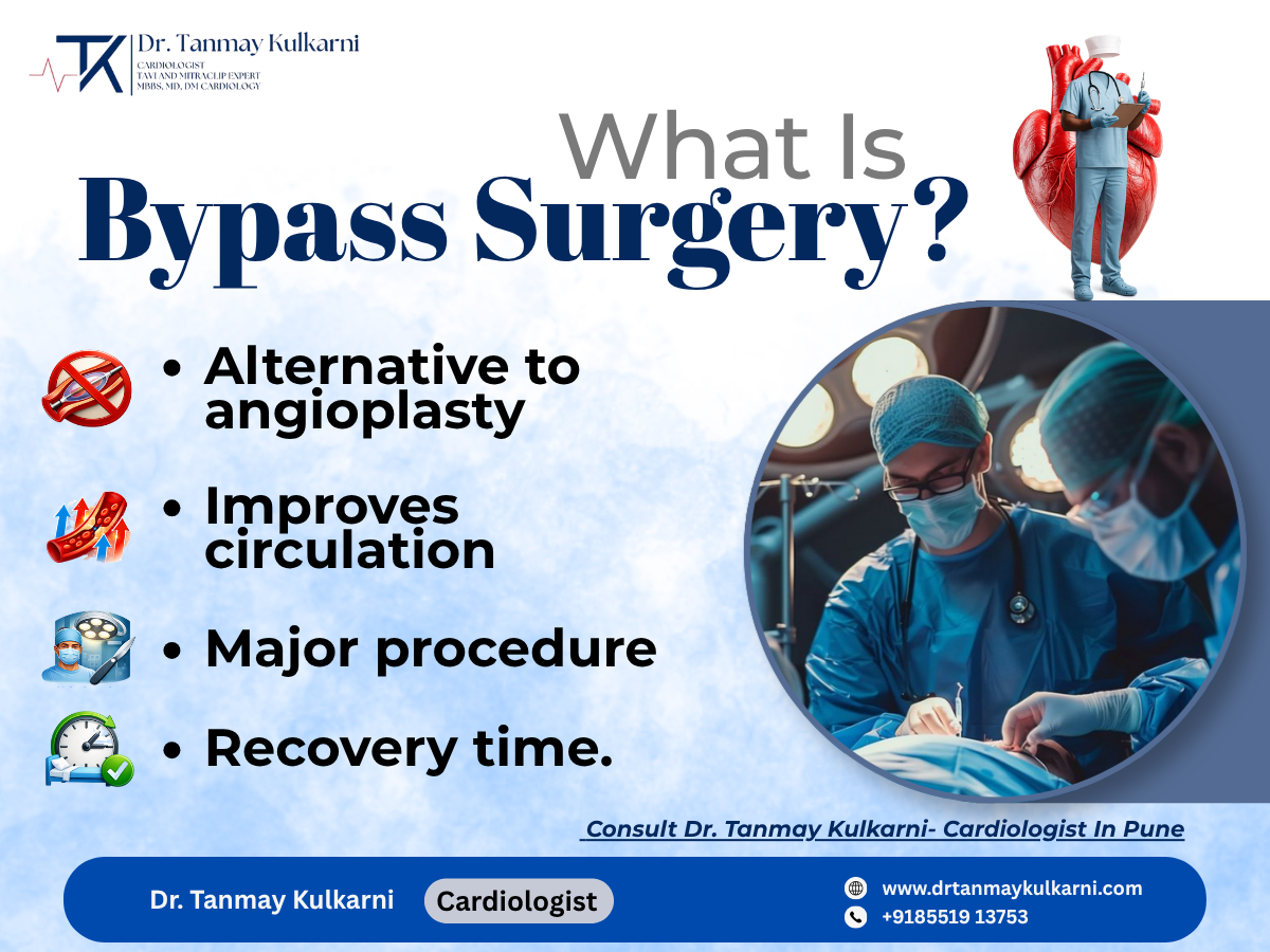 Bypass surgery illustration showing heart procedure and benefits by Dr. Tanmay S Kulkarni, Cardiologist in Pune.