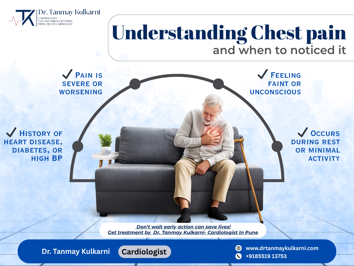 Elderly man experiencing chest pain while sitting on a sofa, highlighting warning signs like severe pain, fainting, and history of heart disease—awareness post by Dr. Tanmay S Kulkarni, Cardiologist in Pune.