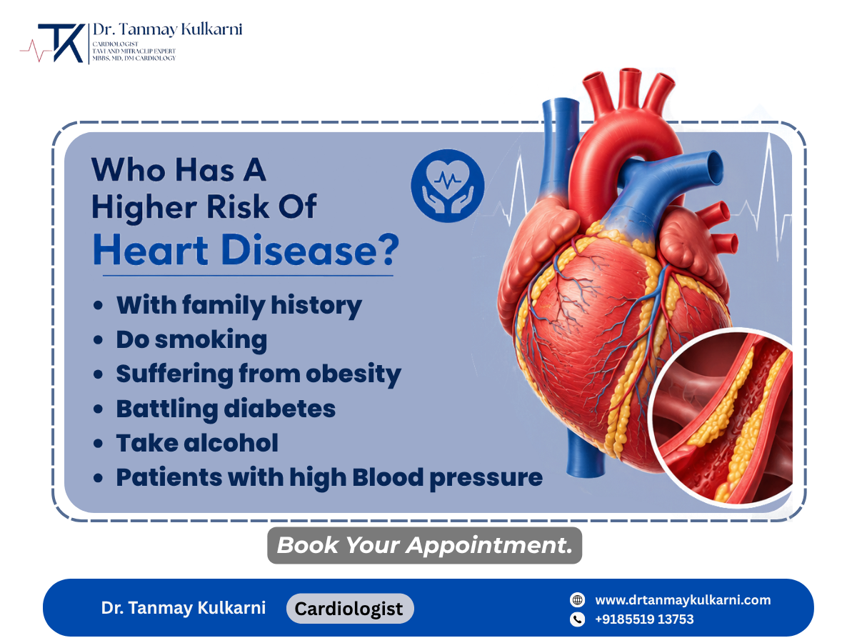 Heart health awareness graphic explaining major risk factors for heart disease with anatomical heart illustration by Dr. Tanmay Kulkarni.