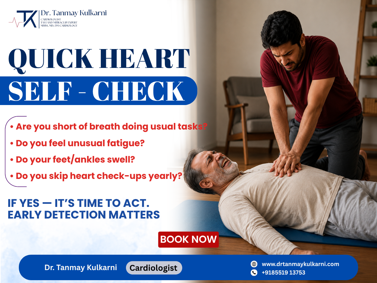 Heart health awareness poster showing CPR scene and symptoms needing heart checkup.