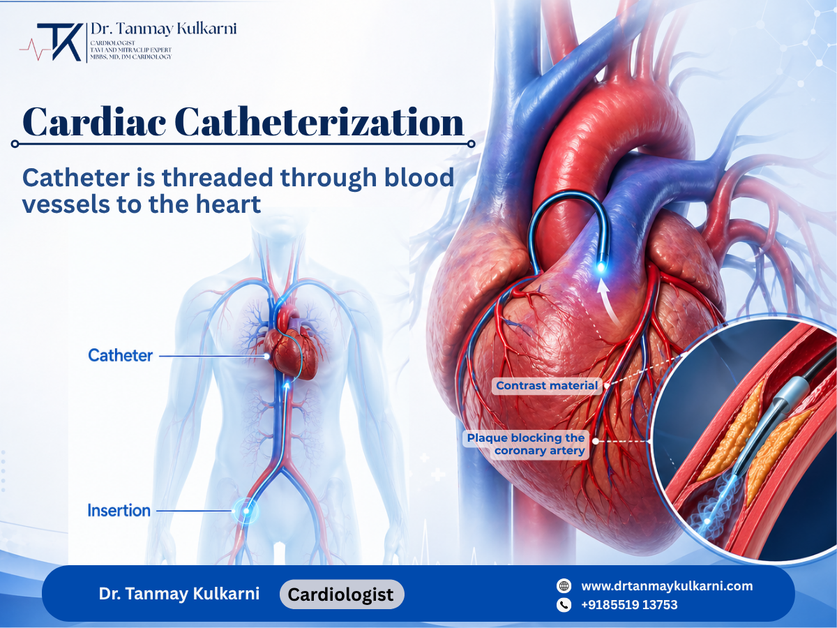 Illustration of cardiac catheterization showing catheter inserted through blood vessels to detect coronary artery blockage.